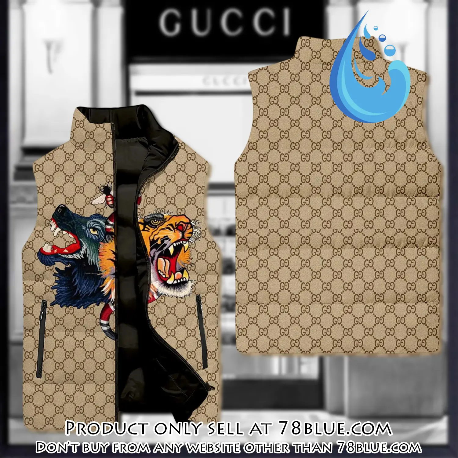 Gucci tiger & wolf luxury brand 3d sleeveless down jacket 78b1730282